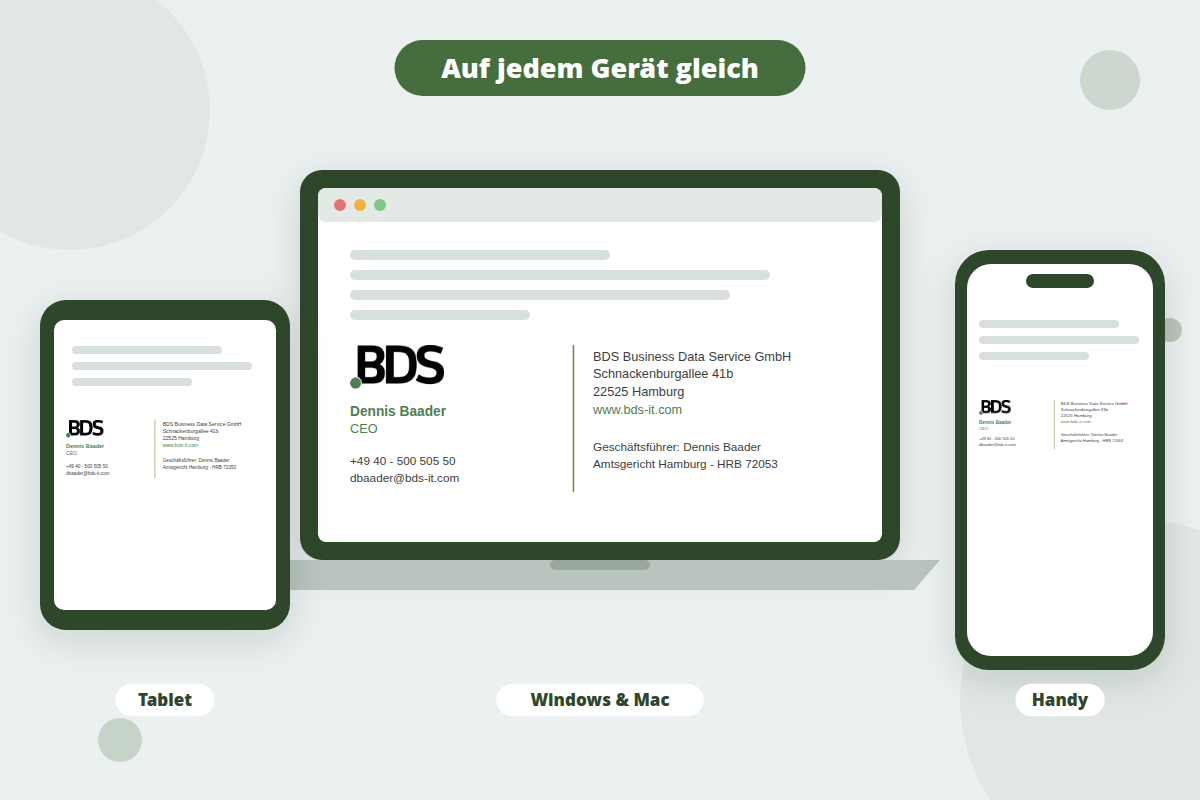 Dieselbe E-Mail-Signatur auf Laptop, Tablet und Handy
